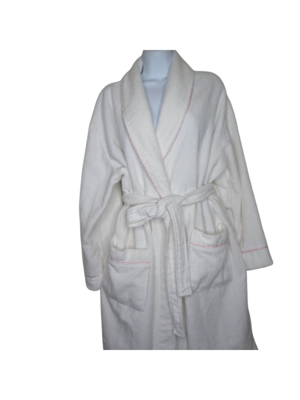 Jones New York Womens Terrycloth Bathrobe L/XL White Pink Trim Pockets Belted